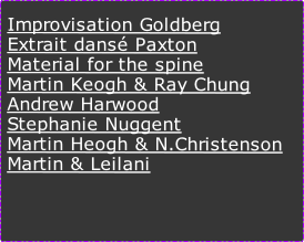 Improvisation Goldberg
Extrait dansé Paxton
Material for the spine
Martin Keogh & Ray Chung
Andrew Harwood
Stephanie Nuggent
Martin Heogh & N.Christenson
Martin & Leilani